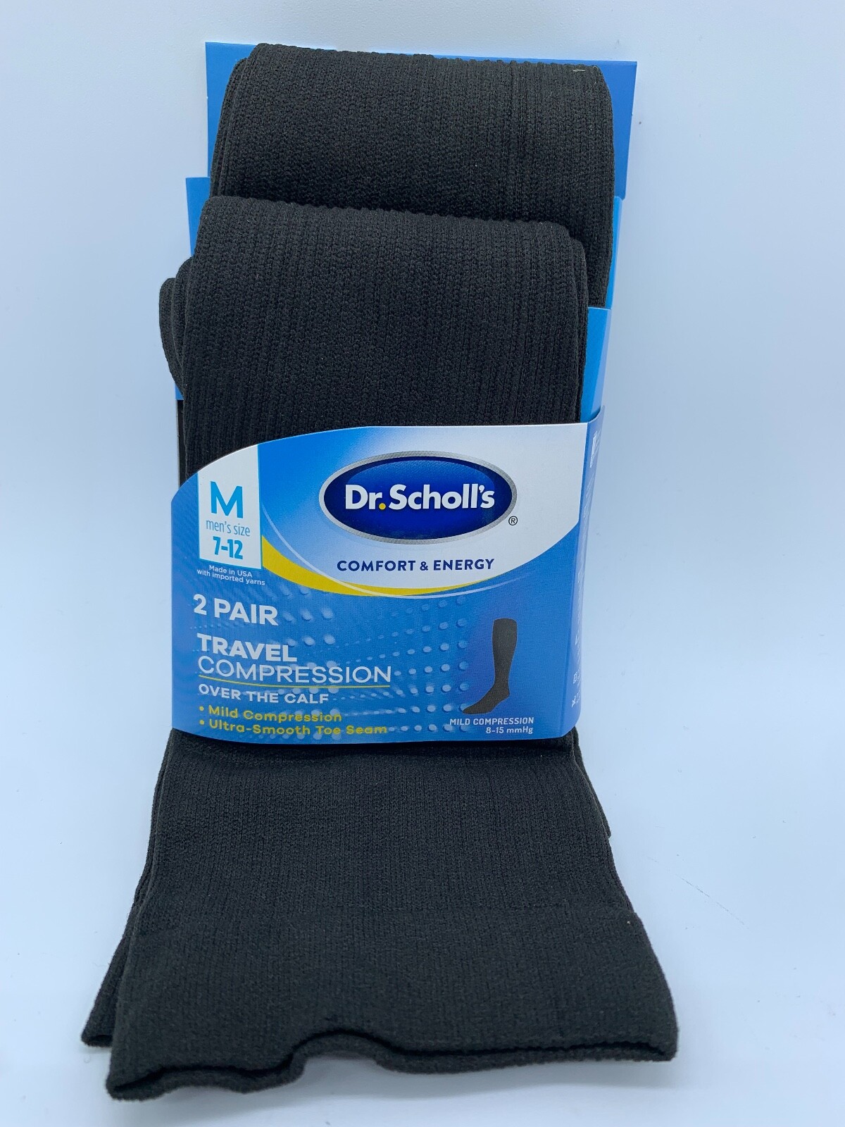 2 PAIRS DR SCHOLL’S MENS TRAVEL MILD COMPRESSION OVER THE CALF BLACK SOCKS USA