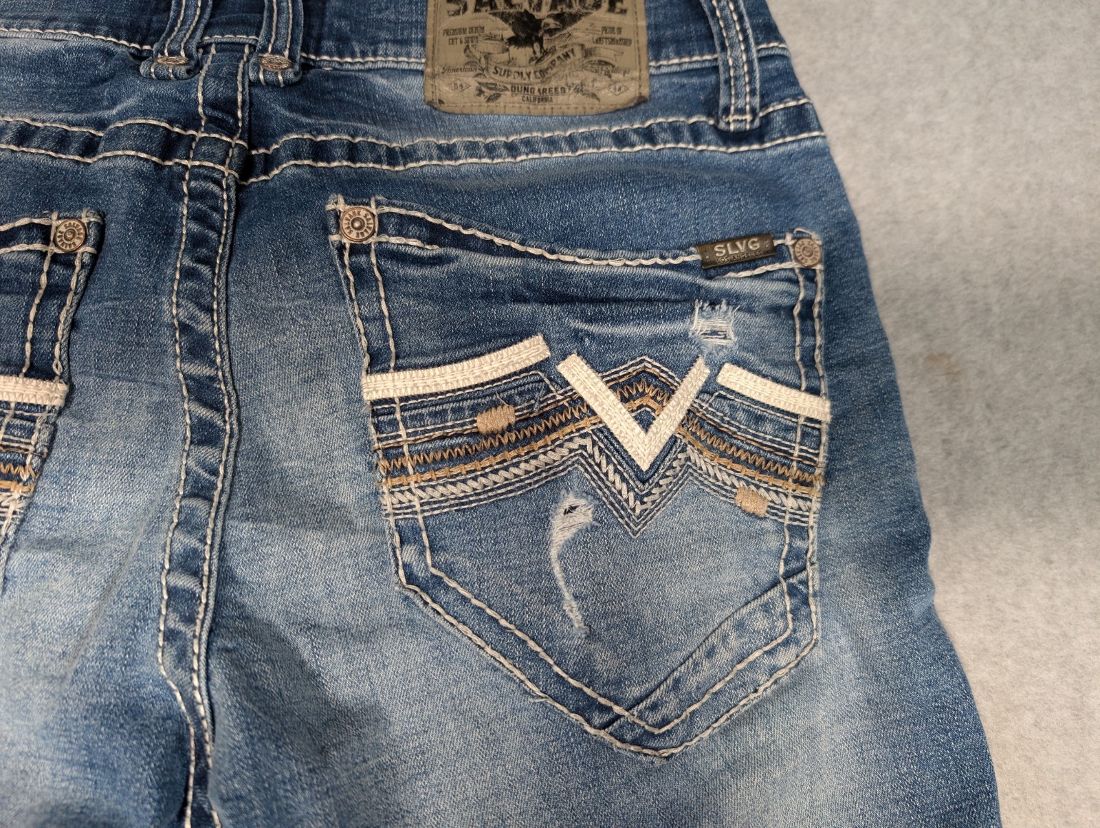 Salvage Supply Company Jeans 32Rx31 Blue Havoc Straight Slim Fit Distressed BKE
