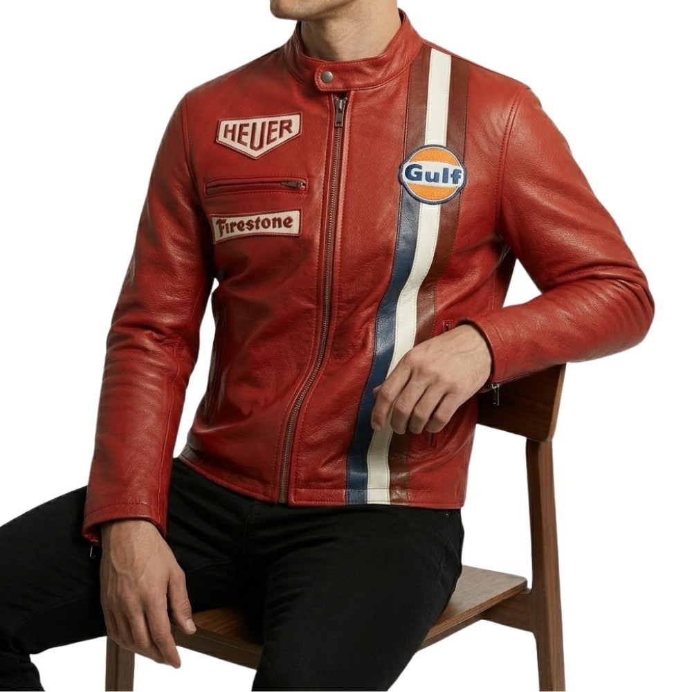 Gulf Red Biker Jacket Heuer Steve McQueen Racing Style Stripes Jacket