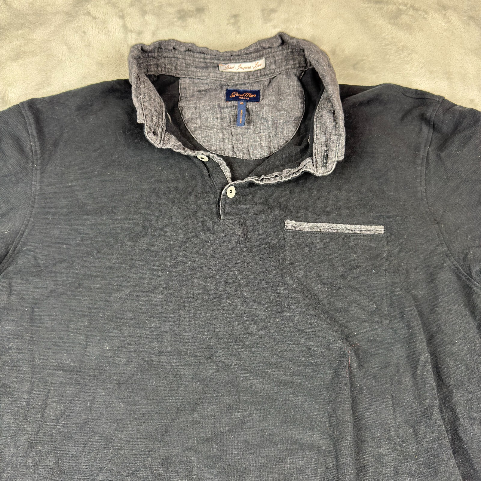 Good Man Shirt Mens Medium Black Polo Pocket Contract Collar City Preppy