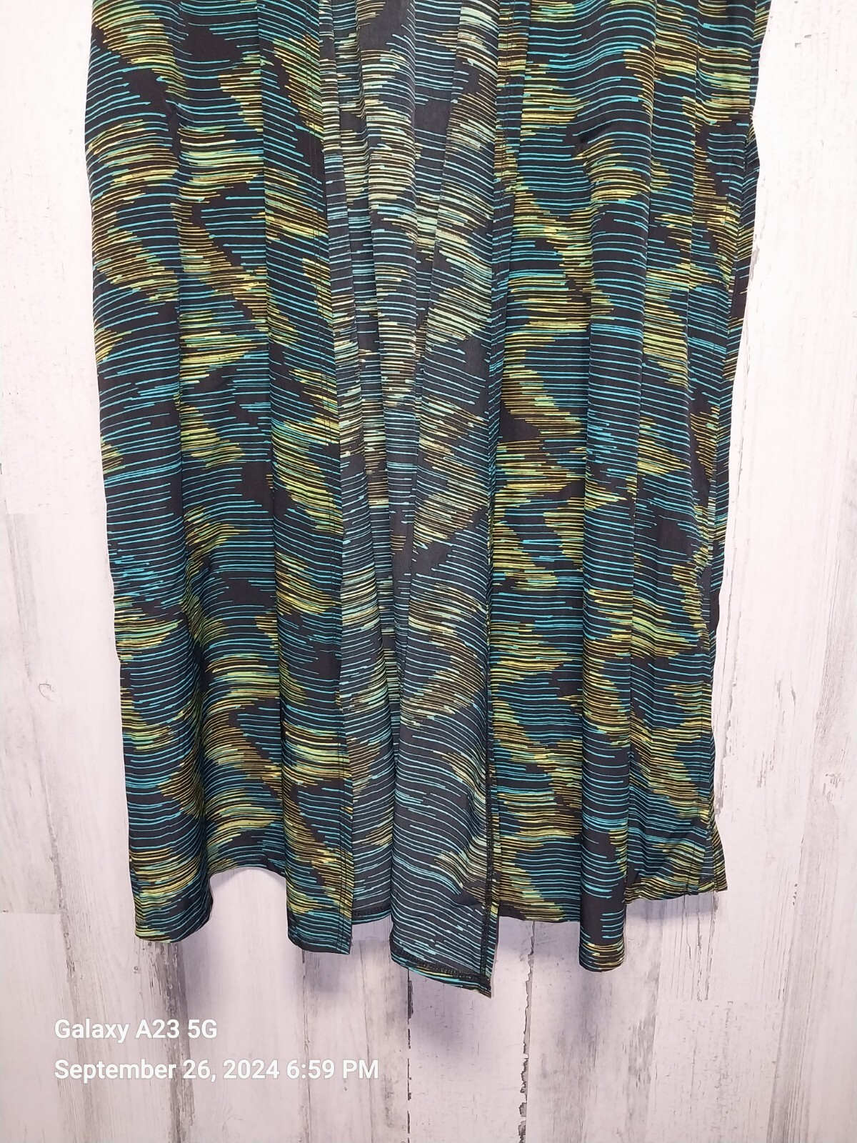 Lularoe Joy Medium Long Vest Duster Black Yellow Green Blue Zig-Zag Breezy