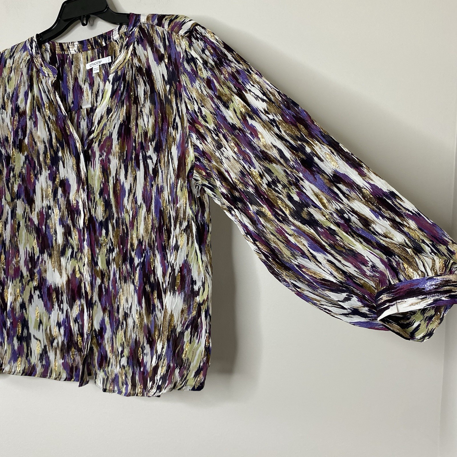 Chicos Purple Metallic Button Up Shirt Crinkled Semi-sheer Lightweight Sz 3.5/18