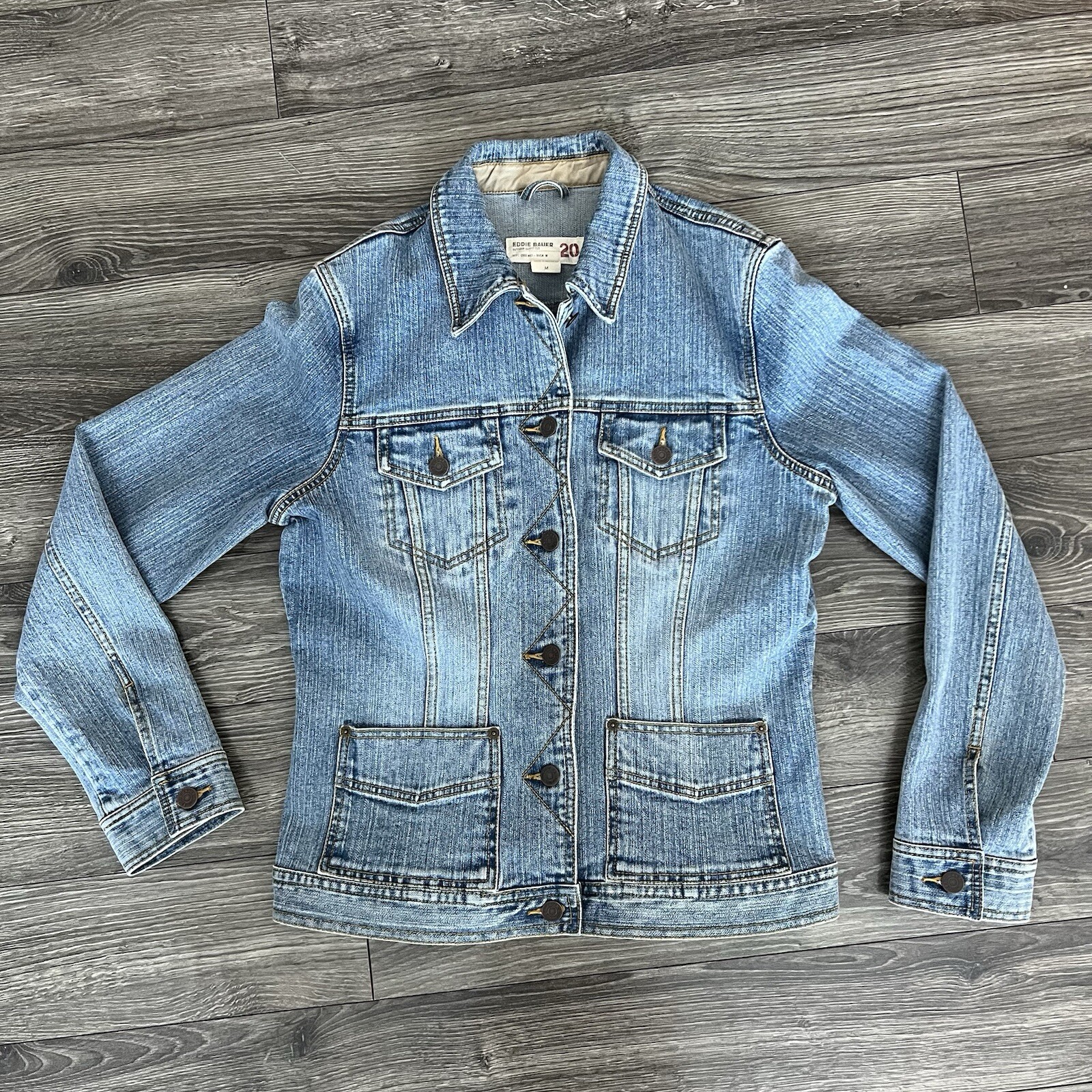 Eddie Bauer MEDIUM Blue Cotton Blend Denim Jean Jacket Trucker Stretch Flex