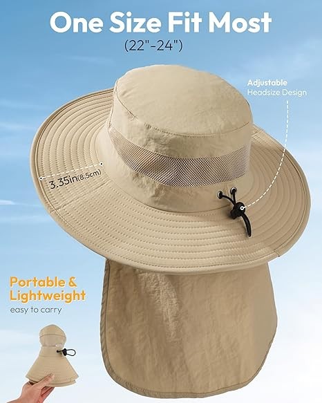 Men’s Wide Brim Sun Hat with Neck Flap UV Protection Fishing Hiking