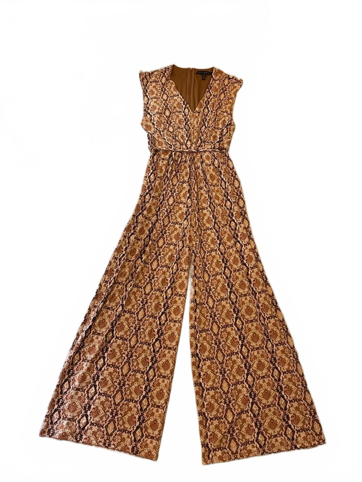 White House Black Market Rust and Cream Snakeskin V-Neck Jumpsuit EUC Size 0P