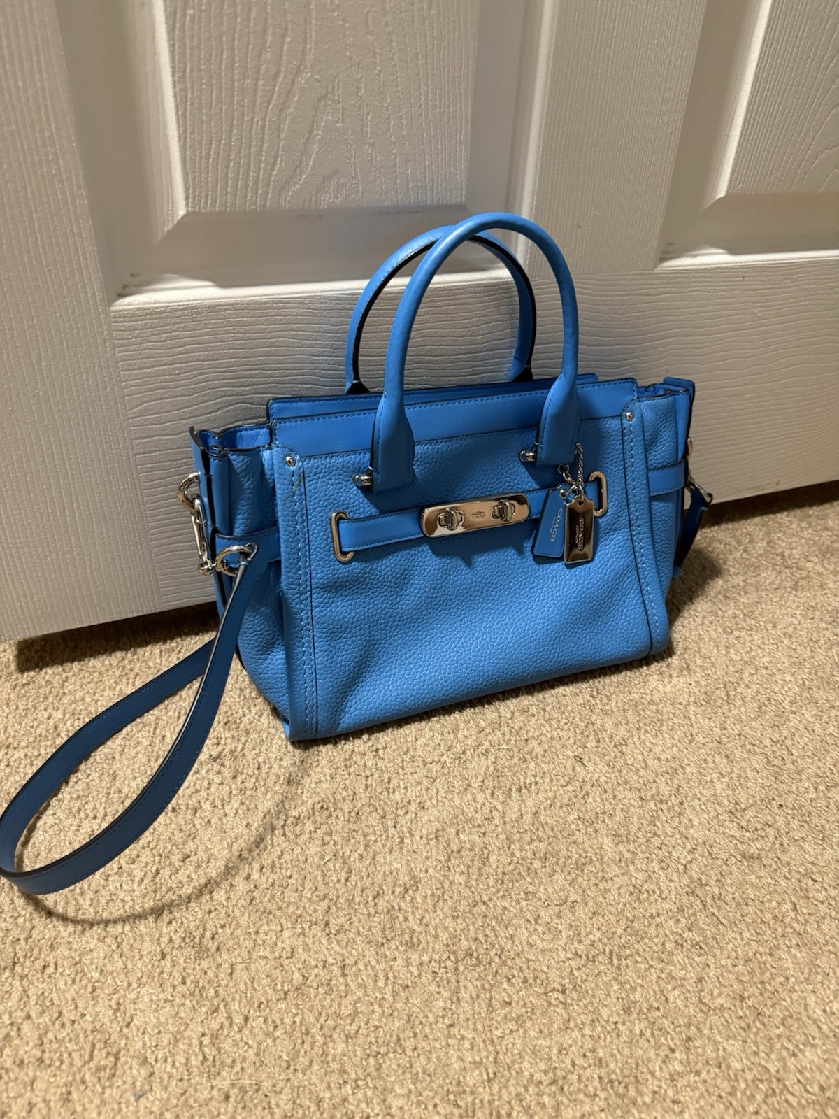 Coach Blue Satchel Top Handle Bag Double Handles Turn Lock Zip Silver Hardware