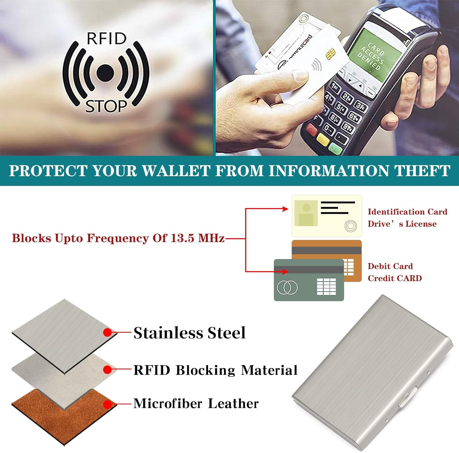 Stainless Steel Credit Card Wallet RFID Blocking Metal Case Pocket Business Card