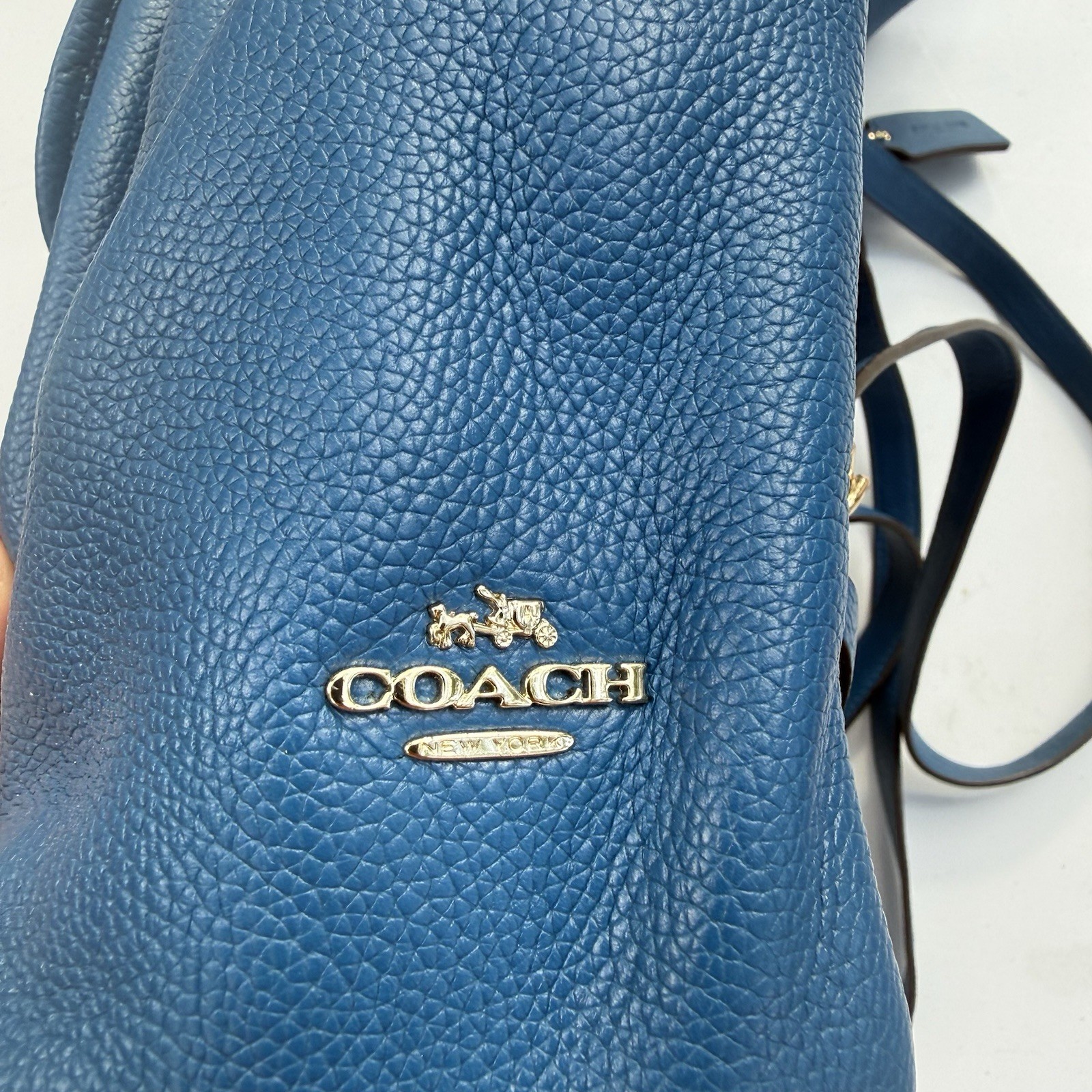 Coach Blue Pebbled Drawstring Backpack, Turn Lock, Gold Hardware, Pockets