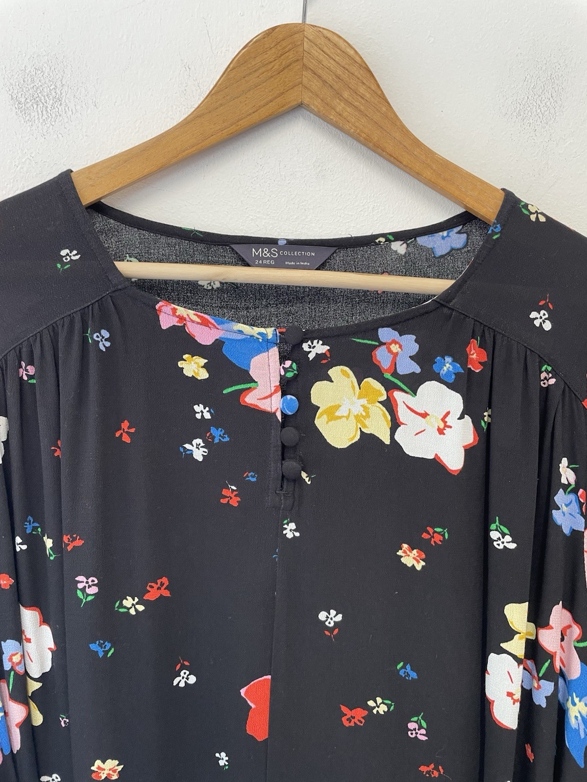 M&S Floral Print Midi Dress Size 24 Black Multi Tiered Button Detail Belted