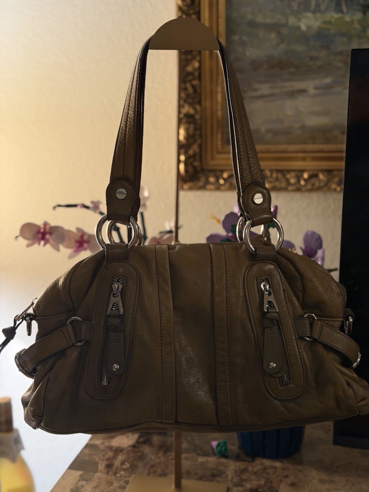 B. Makowsky Olive Green Pebbled Satchel Top Handle Zip Silver Detach Strap