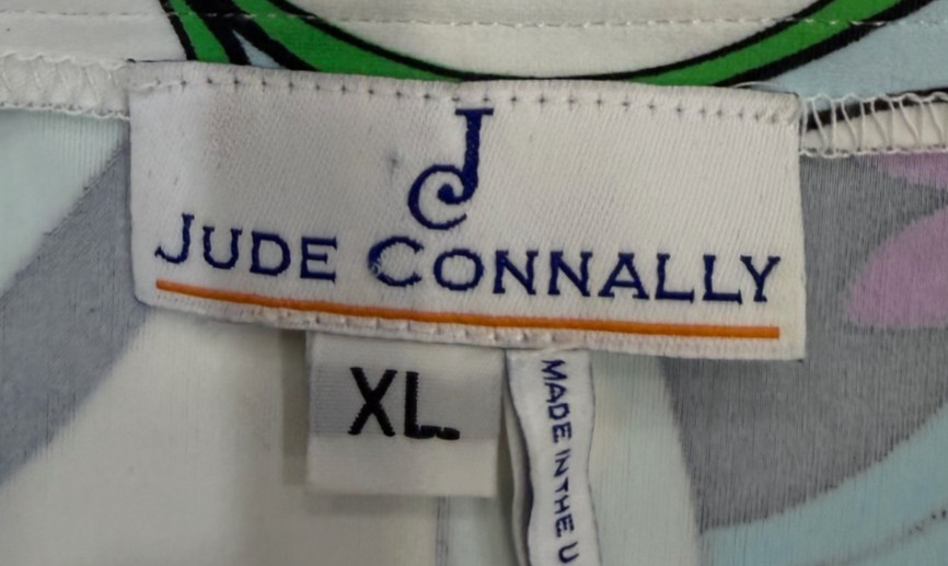 Jude Connally Turquoise and White Jersey Shift Dress Size XL 3/4 Ruffle Sleeve