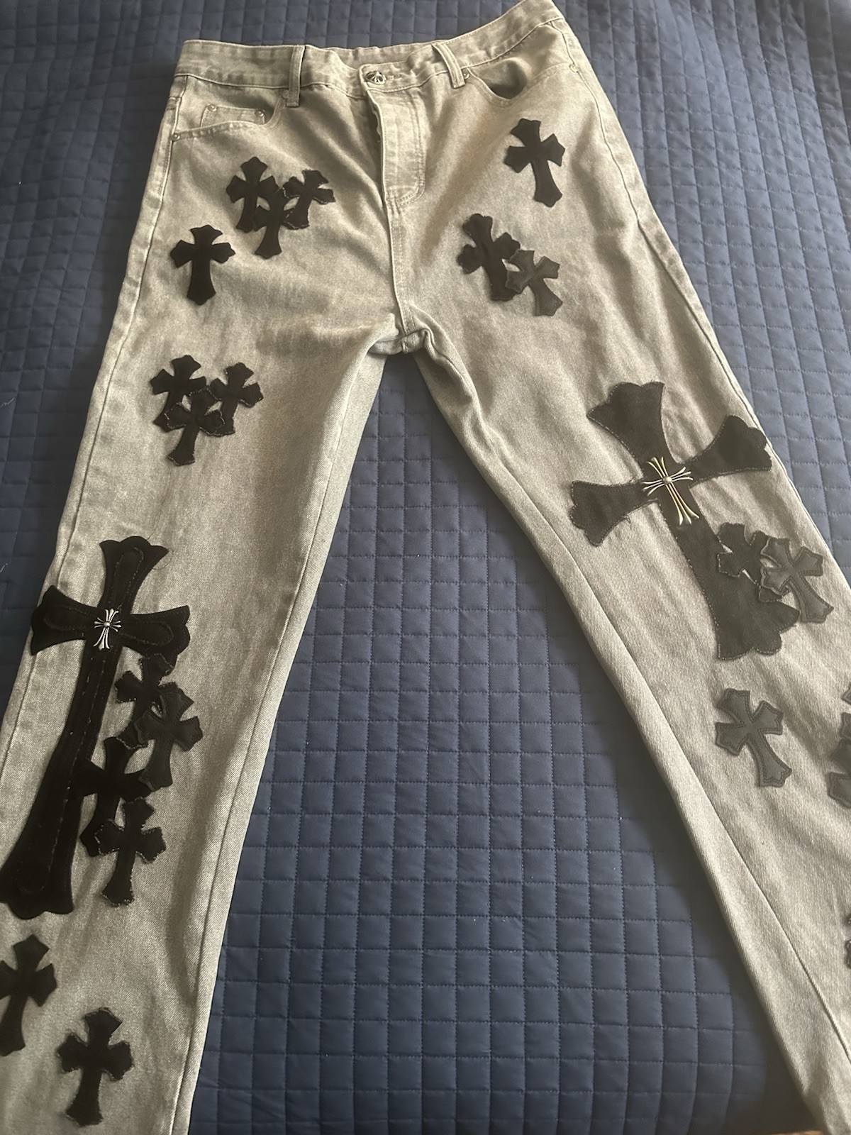 Chrome Hearts Men’s Gray Denim Straight Jeans Black Cross Patches Button Fly