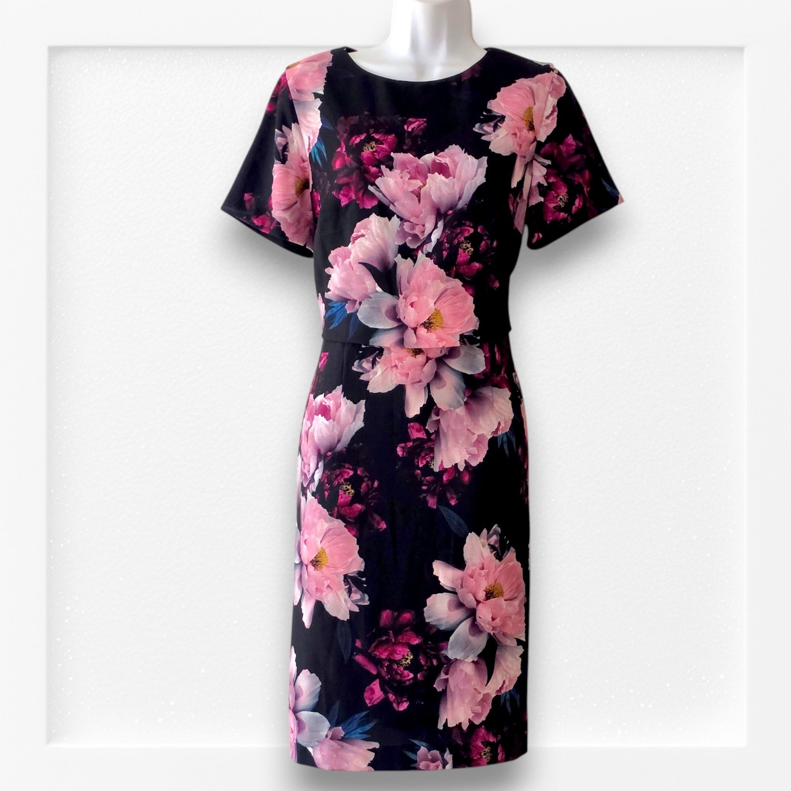 Phase Eight Kaylor Floral UK 12 Black Pink Crepe Pencil Wedding Guest Occasion