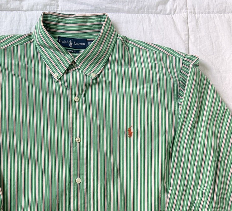 Ralph Lauren Mens XL Custom Fit Green White Orange Stip Cotton Button Down Shirt