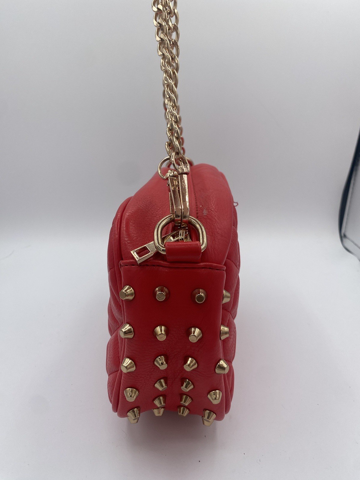 Red Quilted MMS Purse With Gold Chain And Studs