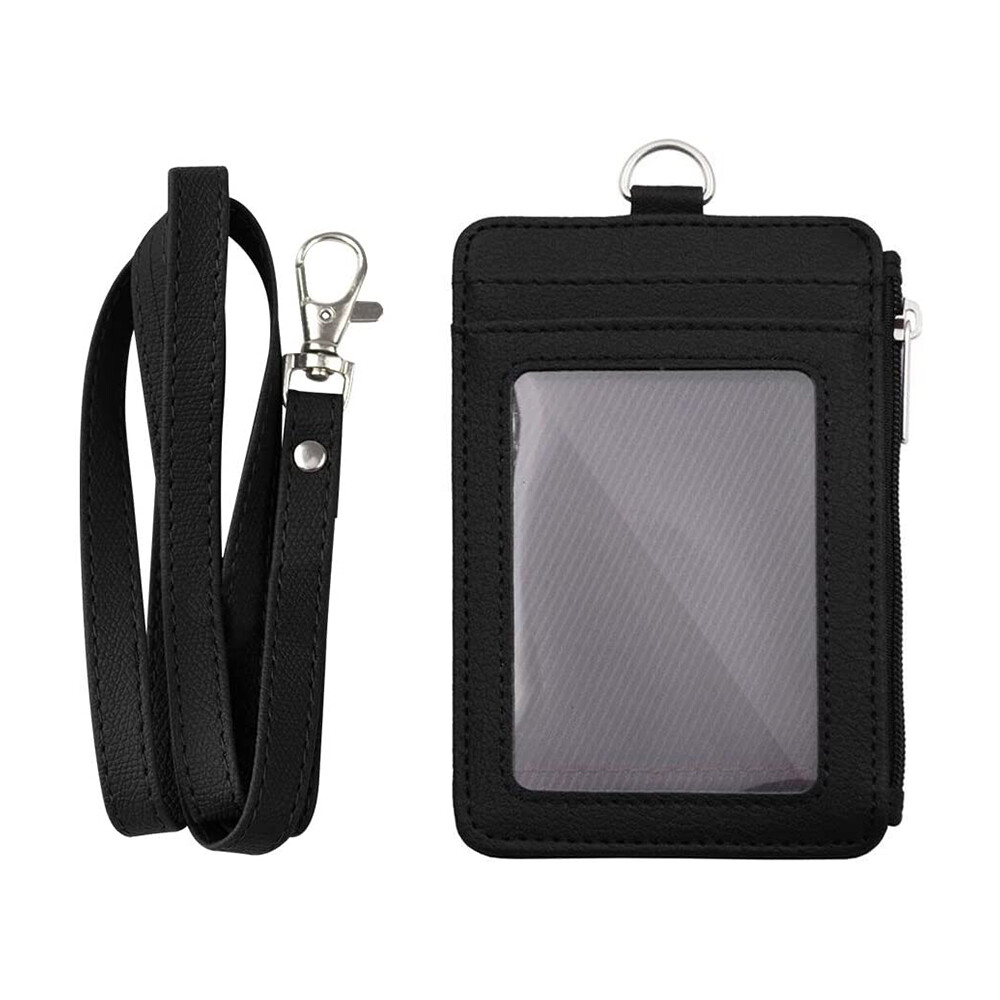 Vertical Leather ID Card Holder Badge Wallet Pocket W/6 Slot Neck Strap Lanyard