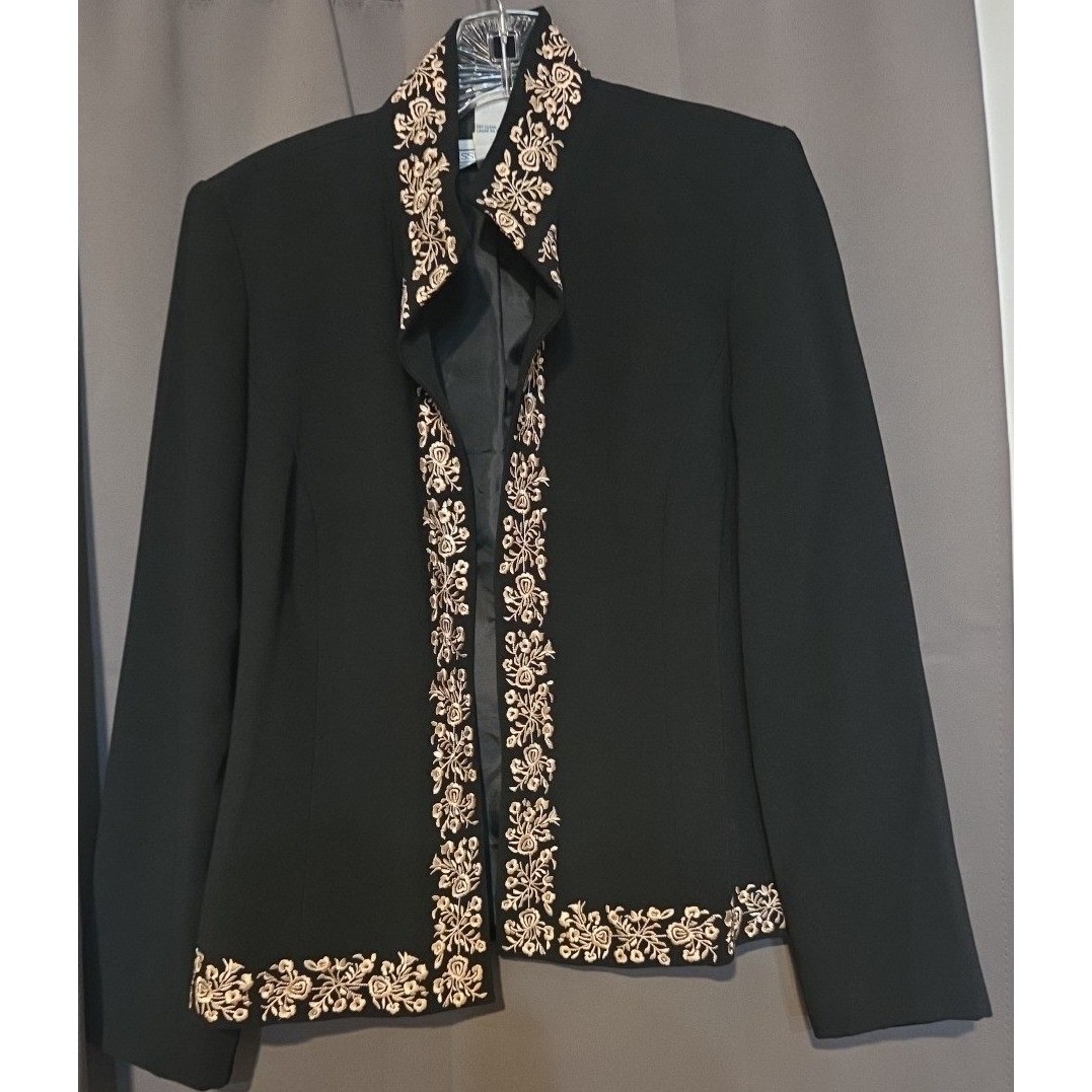Jessica Howard Black Gold Embroidered Open Front Evening Jacket, Women’s Size 8