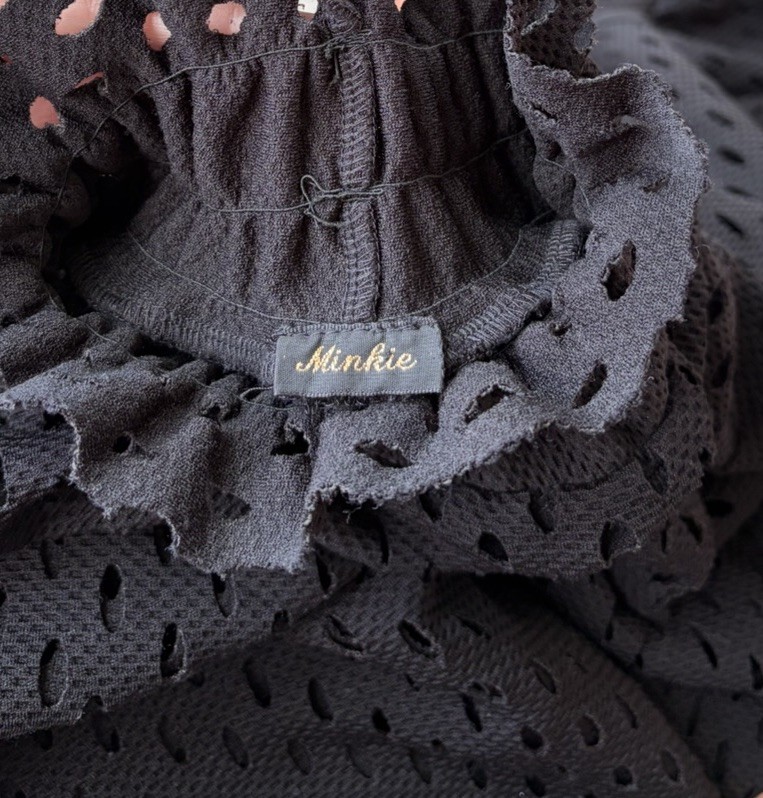 Minkie Black Open Knit Crochet Ruffle Sleeve Mock Neck Pullover Blouse Size L