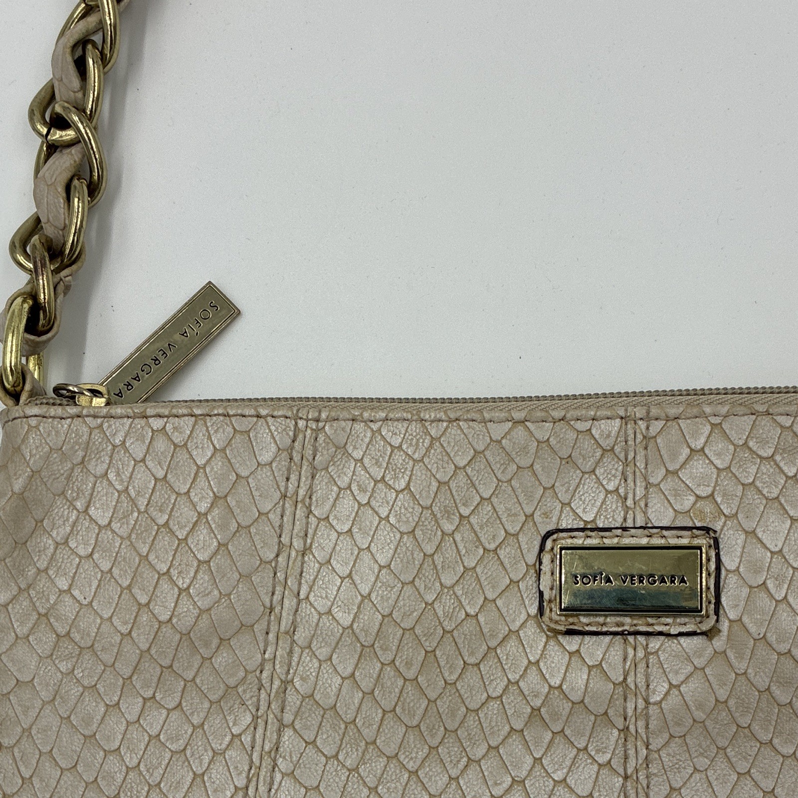 Sofia Vergara Women’s Beige Snake Print Small Shoulder Bag, Gold Chain, Zip