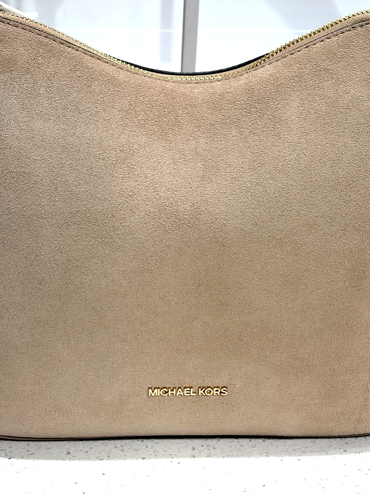 MICHAEL KORS NAYLA MEDIUM ZIP MESSENGER CROSSBODY BAG TOTE MK CAMEL SUEDE GOLD