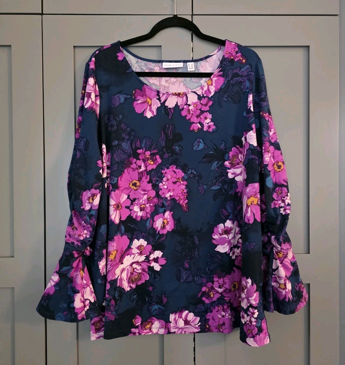 Susan Graver Deep Blue Floral Blouse Bell Sleeves Sz 1X Whimsigoth Fairy Brushed