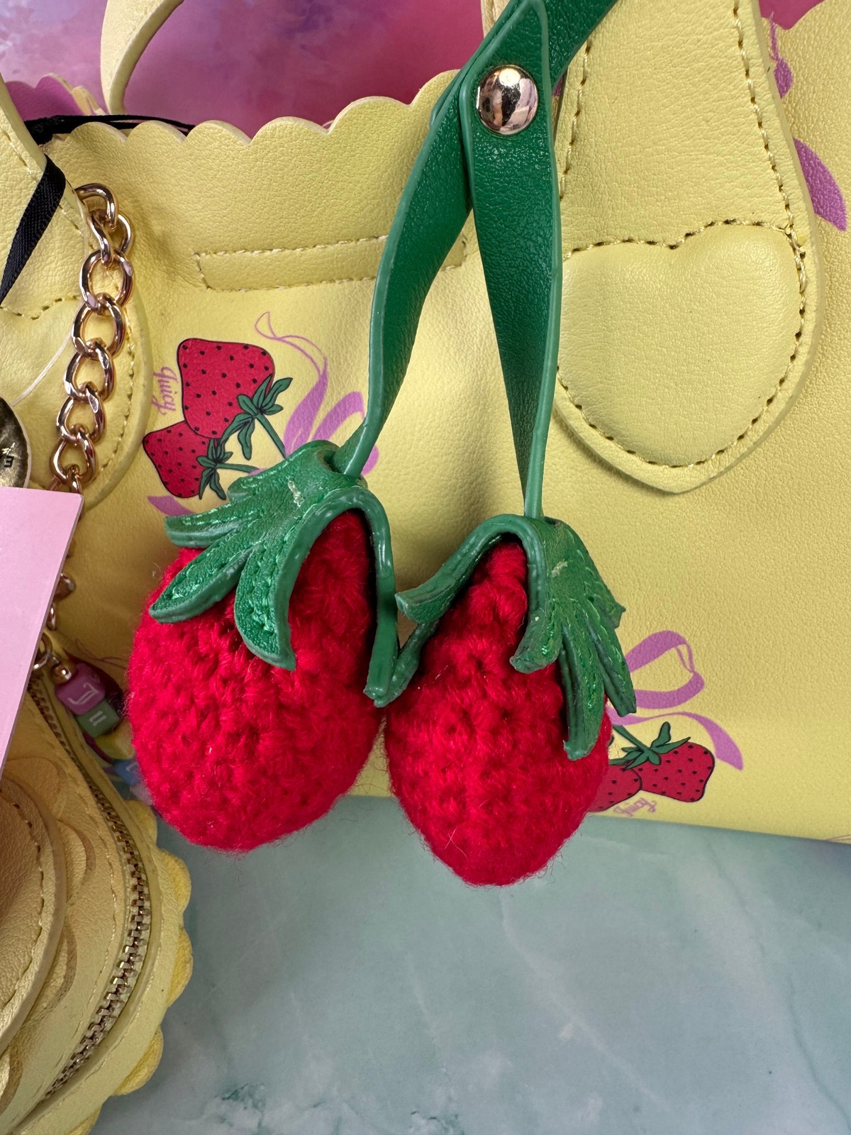 Betsey Johnson Sweet Strawberry Mini Tote Bag NWT Charm Yellow Pink
