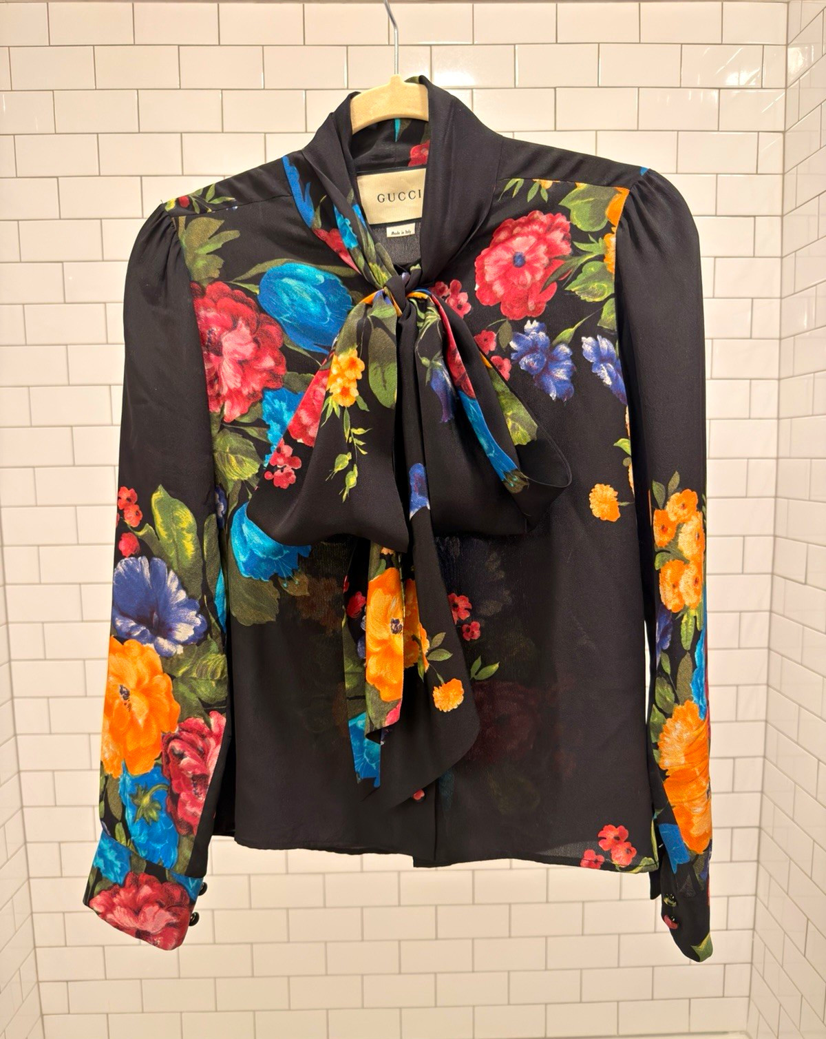 Gucci Silk Chiffon Floral Tie-Neck Bow Blouse, Black/Multicolor, 40