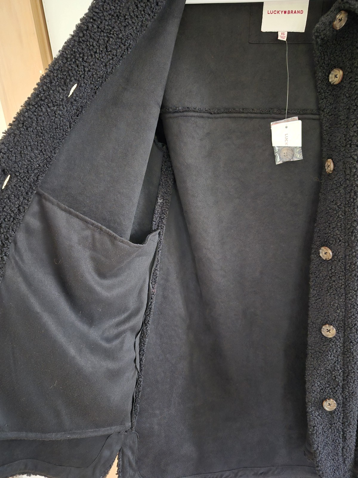 NEW Lucky Brand Teddy Sherpa Jacket Shacket Lined Oversized Black Sz XS & S