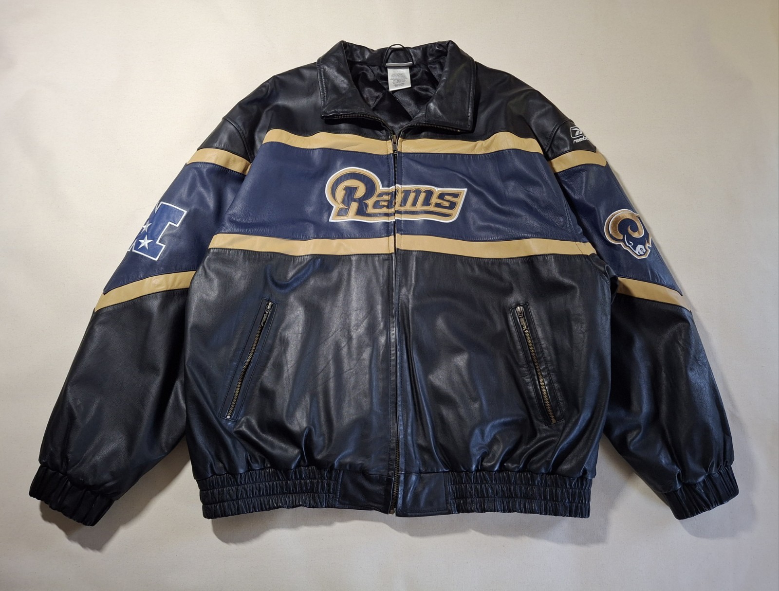 Vintage Y2K Reebok St. Louis Rams Leather Jacket Men’s 2XL XXL Quilted Interior