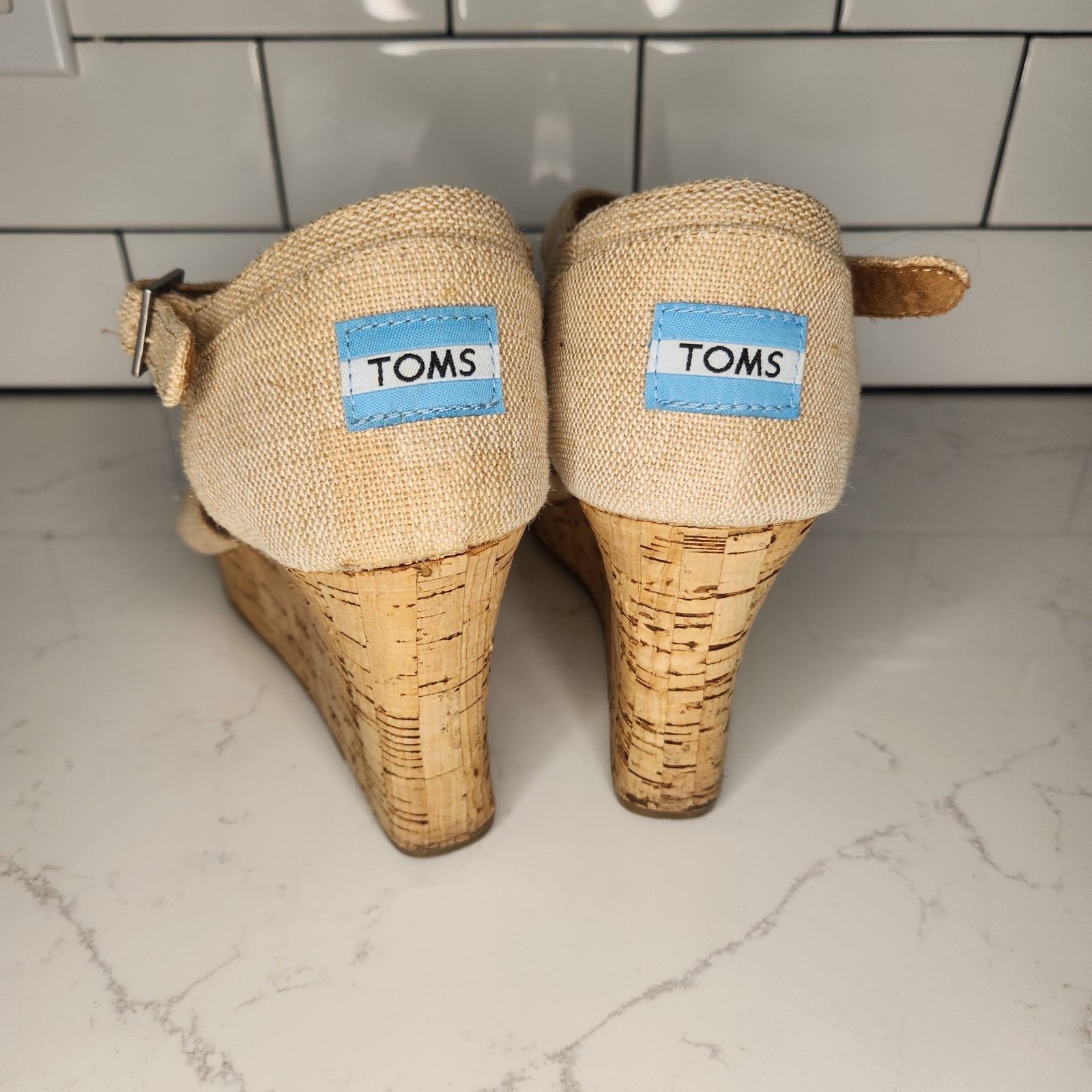 Toms Wedge TAN Cork Canvas Ankle Strap Buckle Sandal Sexy Neutral Core Size 9.5