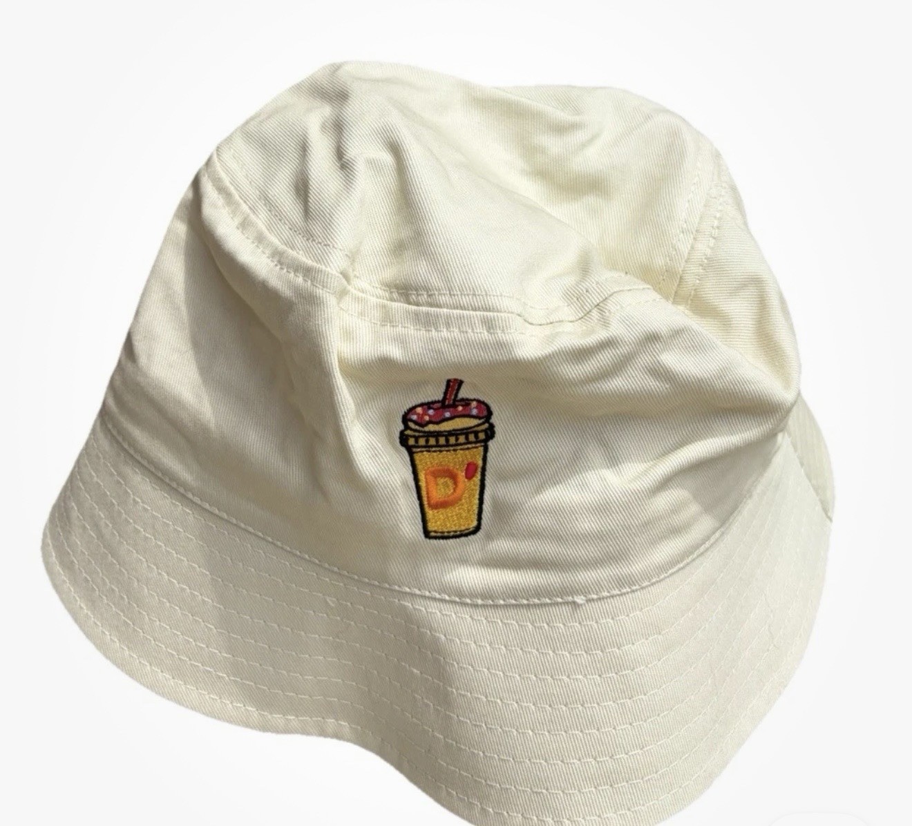 Dunkin Donuts Twill Beige Bucket Hat Iced Coffee And Donut Embroidered