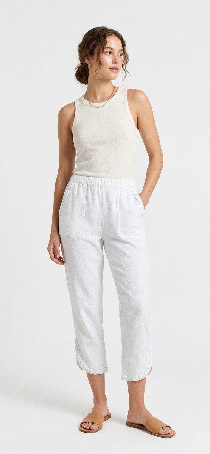 Women’s Braided Hem Stretch French Terry Capri – White-L