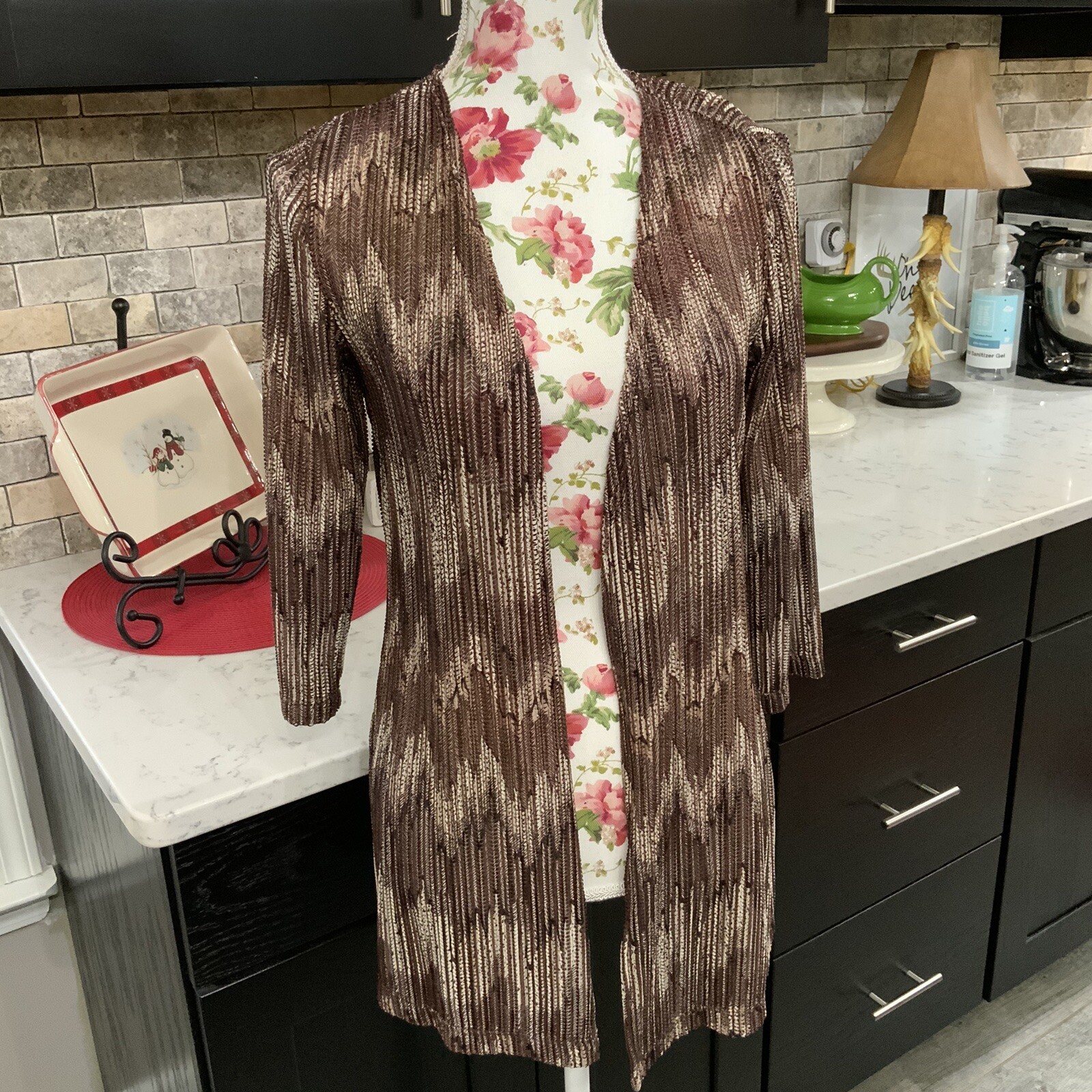 Chico’s Lightweight Open Front Cardigan Sz 0 Small 3/4 Sleeve Autumn Brown Tan