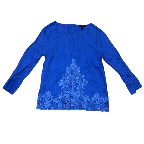 J. Crew Women’s Royal Blue Embroidered Linen Blouse Top Size 4 3/4 Sleeve Floral
