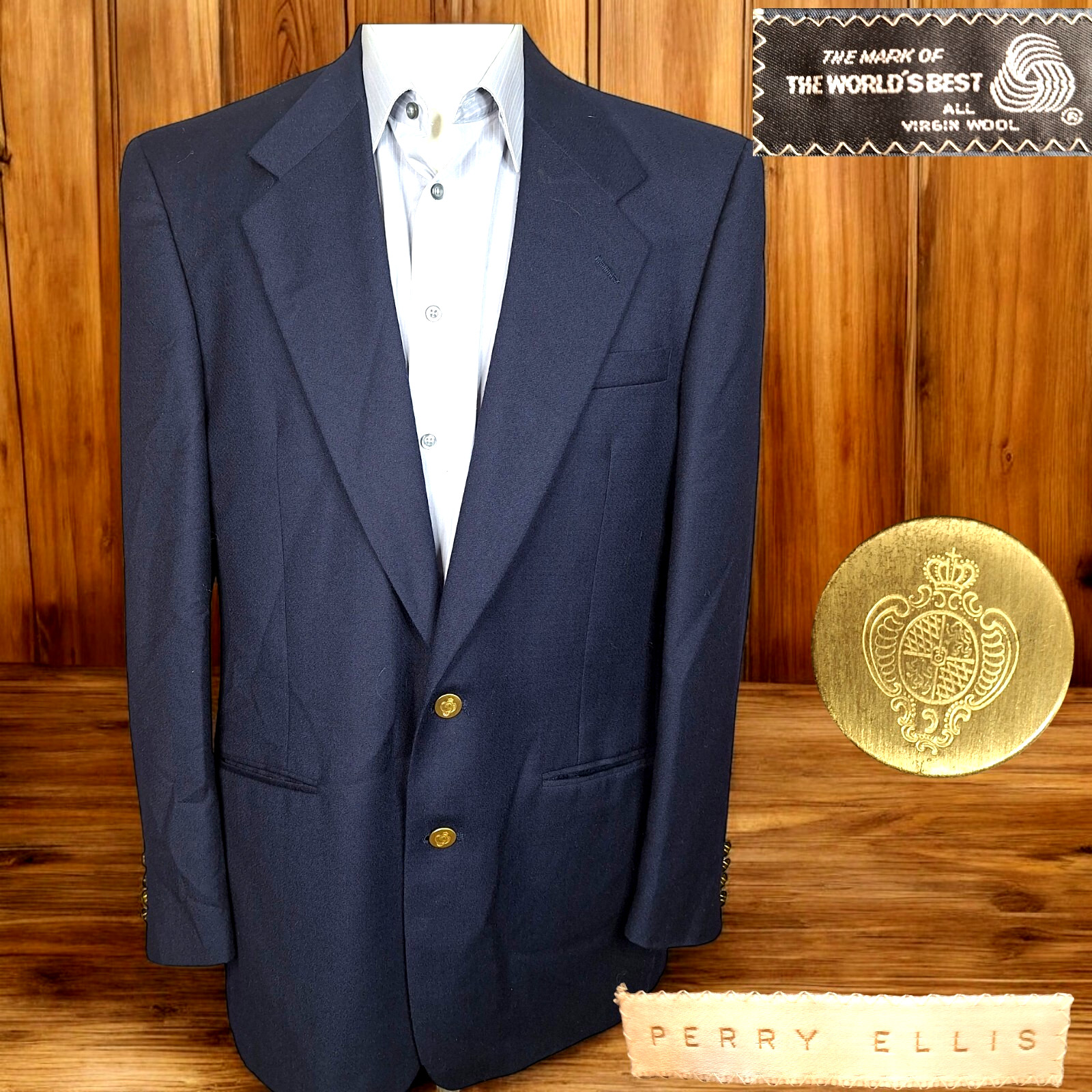 Perry Ellis Mens 42L Blazer Sport Coat Navy Gold Buttons Wool