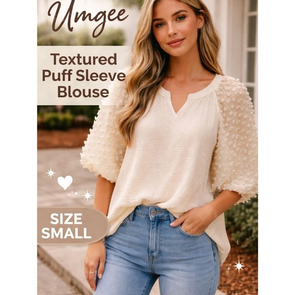 Umgee Cream Textured Puff-Sleeve Blouse Boho Chic Gauze Size Small