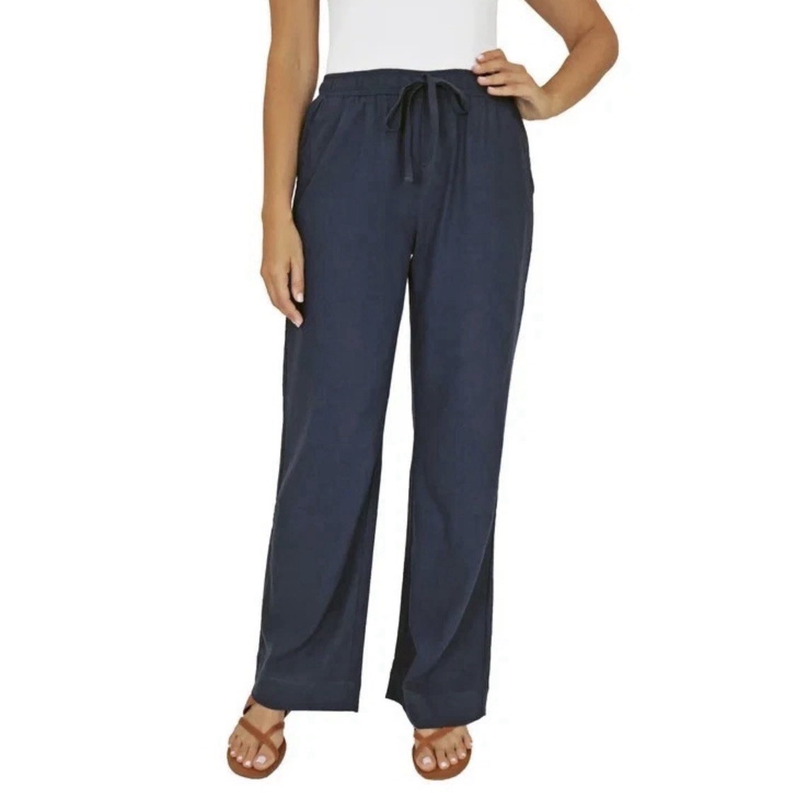 NEW Briggs Womens Navy Blue Linen Blend Wide Leg Drawstring Pants Small S