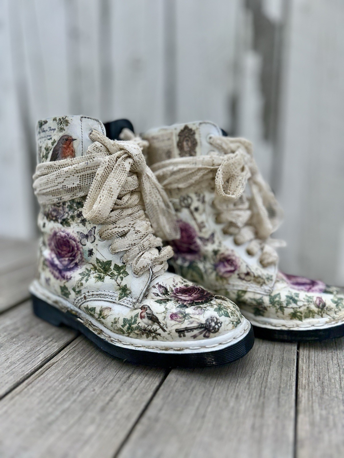 Women’s Floral Lace-Up Ankle Combat Boots Leather Round Toe Beige/Purple 6