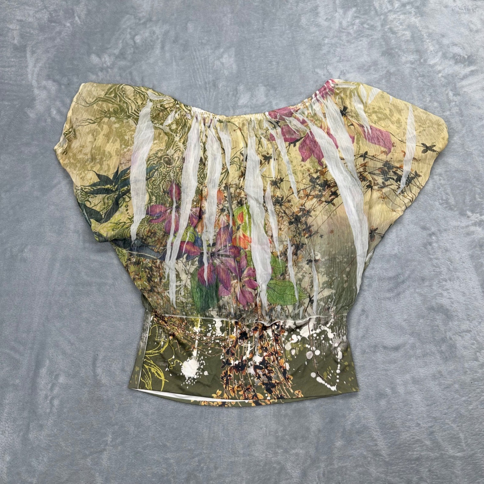 Voice Womens Floral Sheer Blouse Green Purple Off Shoulder Smocked Top Size M