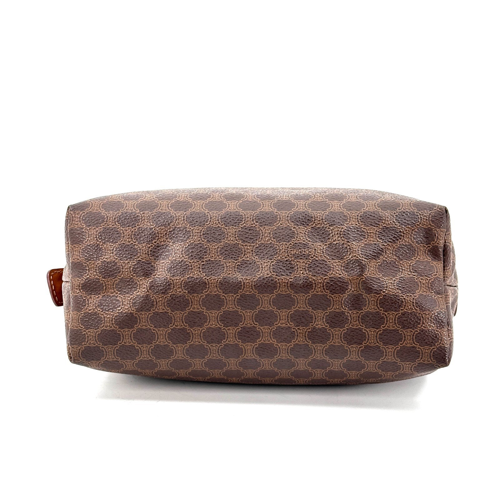 CELINE Macadam PVC Leather Cosmetic Pouch Vanity Brown Gold Auth