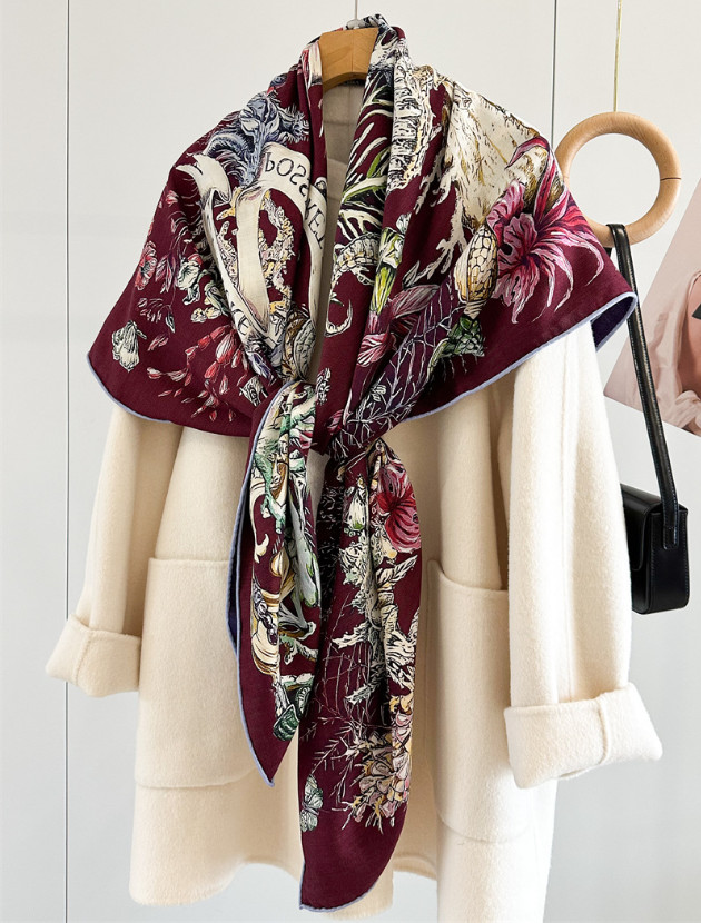 70% cashmere 30% silk Underwater Worldr double sided print square Wrap shawl 53″