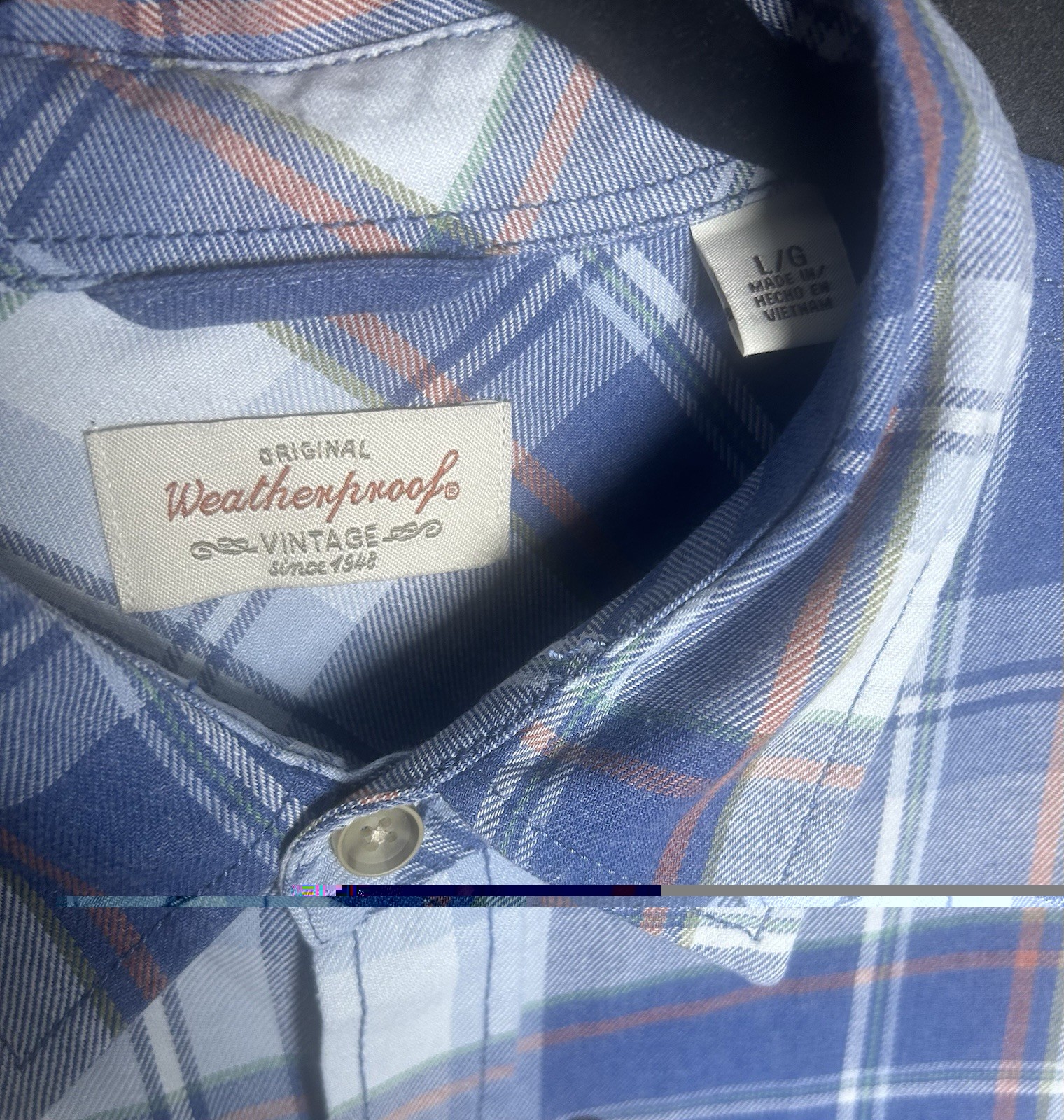 Original Weatherproof Vintage Mens Blue Plaid Flannel Shirt Long Sleeve, Large