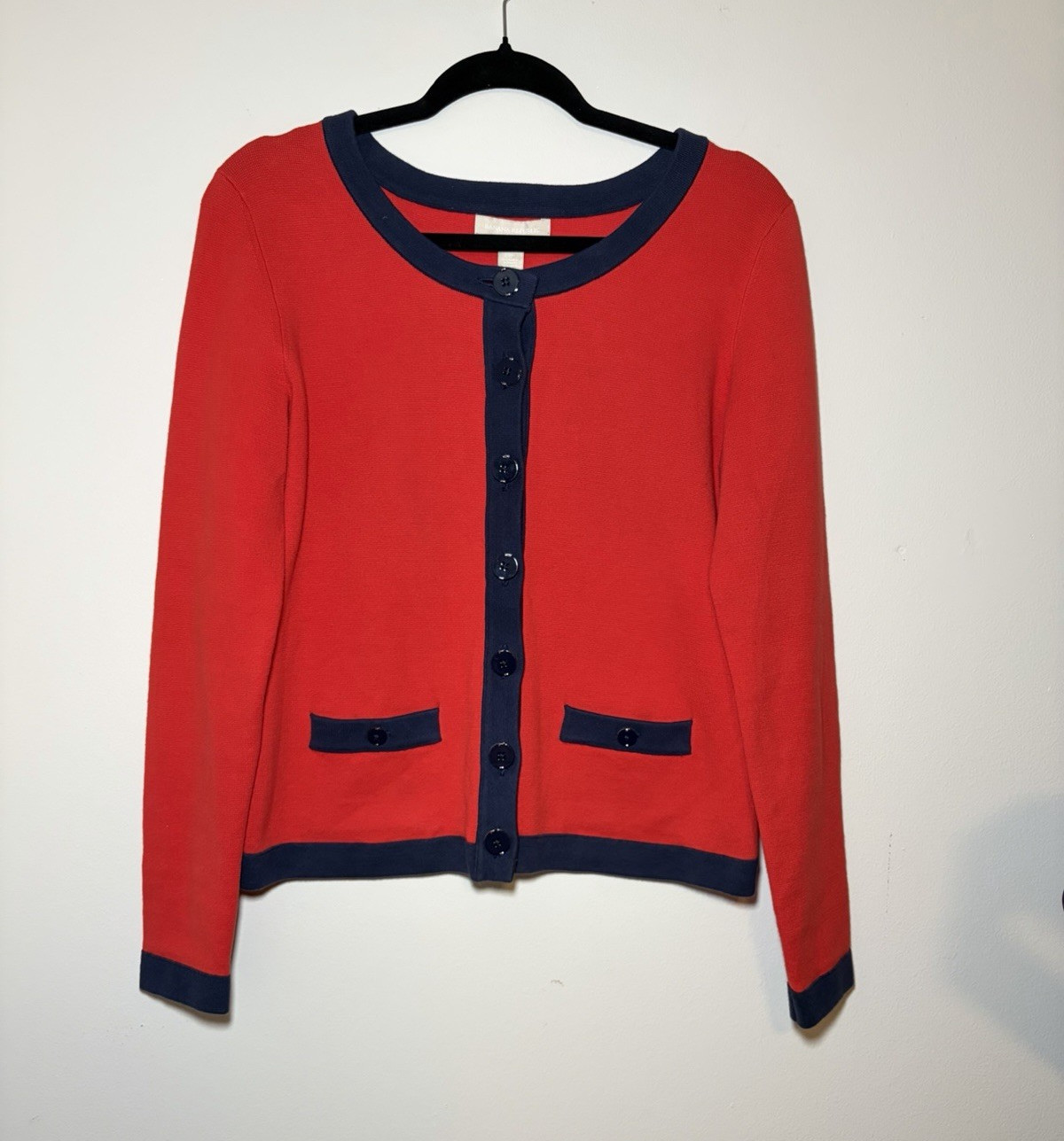 Banana Republic Red Cardigan Sweater Blue Trim Button Front Pockets M