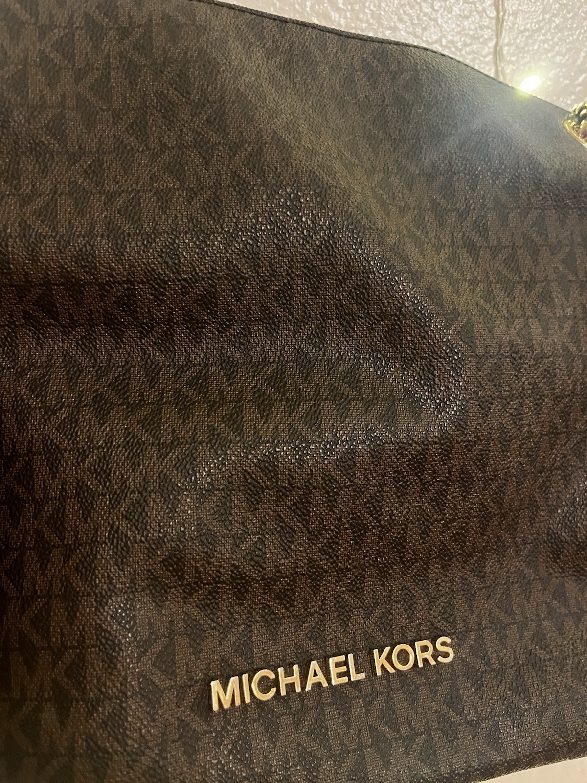 Michael Kors Brown MK Monogram Large Shoulder Bag Gold Chain Detachable Strap
