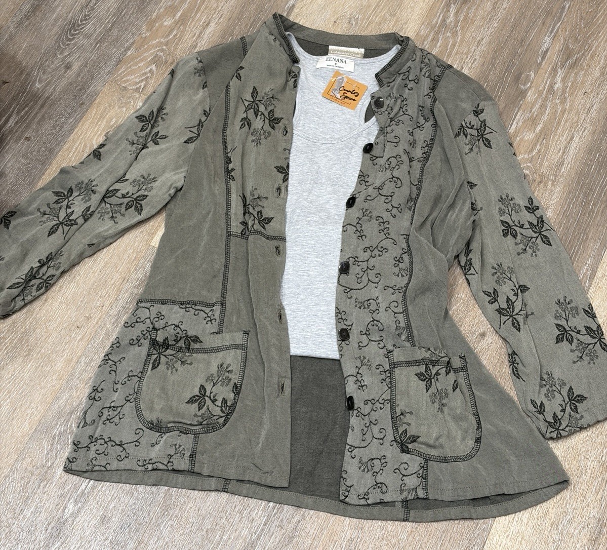 Vtg Embroidered Jacket Olive Green Button Up Shirt Floral Shacket M Goblincore