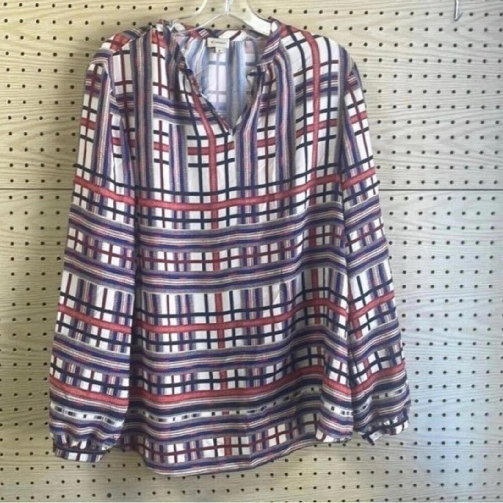 Cremieux red and blue plaid semi sheer long sleeve tunic blouse office work