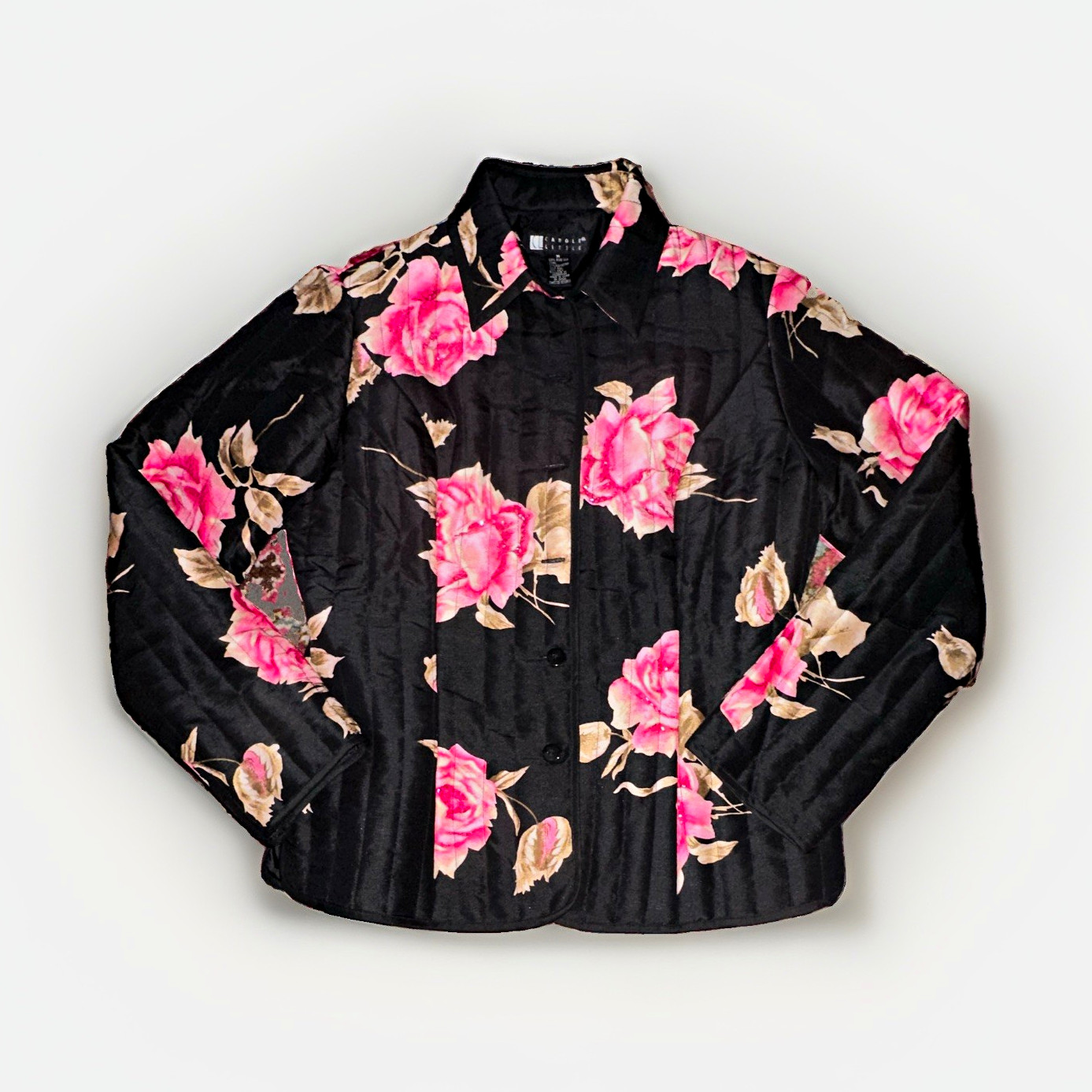 VTG Carole Little Women’s M Black Pink Floral Quilted Silk Button Jacket Beading