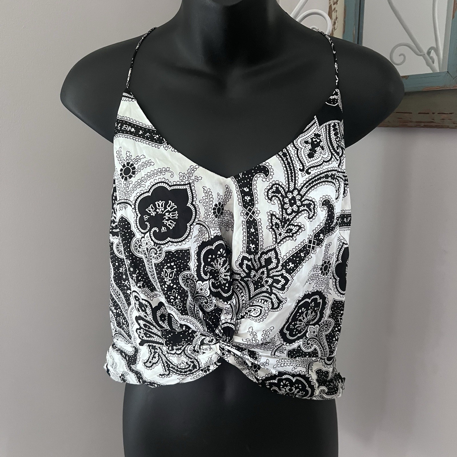 Caroline Constas Size Small Blouse Silk Cropped Tank Black white All Over Print