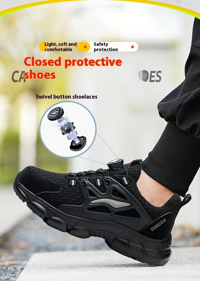 Men Safety Toe Work Shoes Rotating Buckle Breathable Non-Slip Steel Toe Sneakers