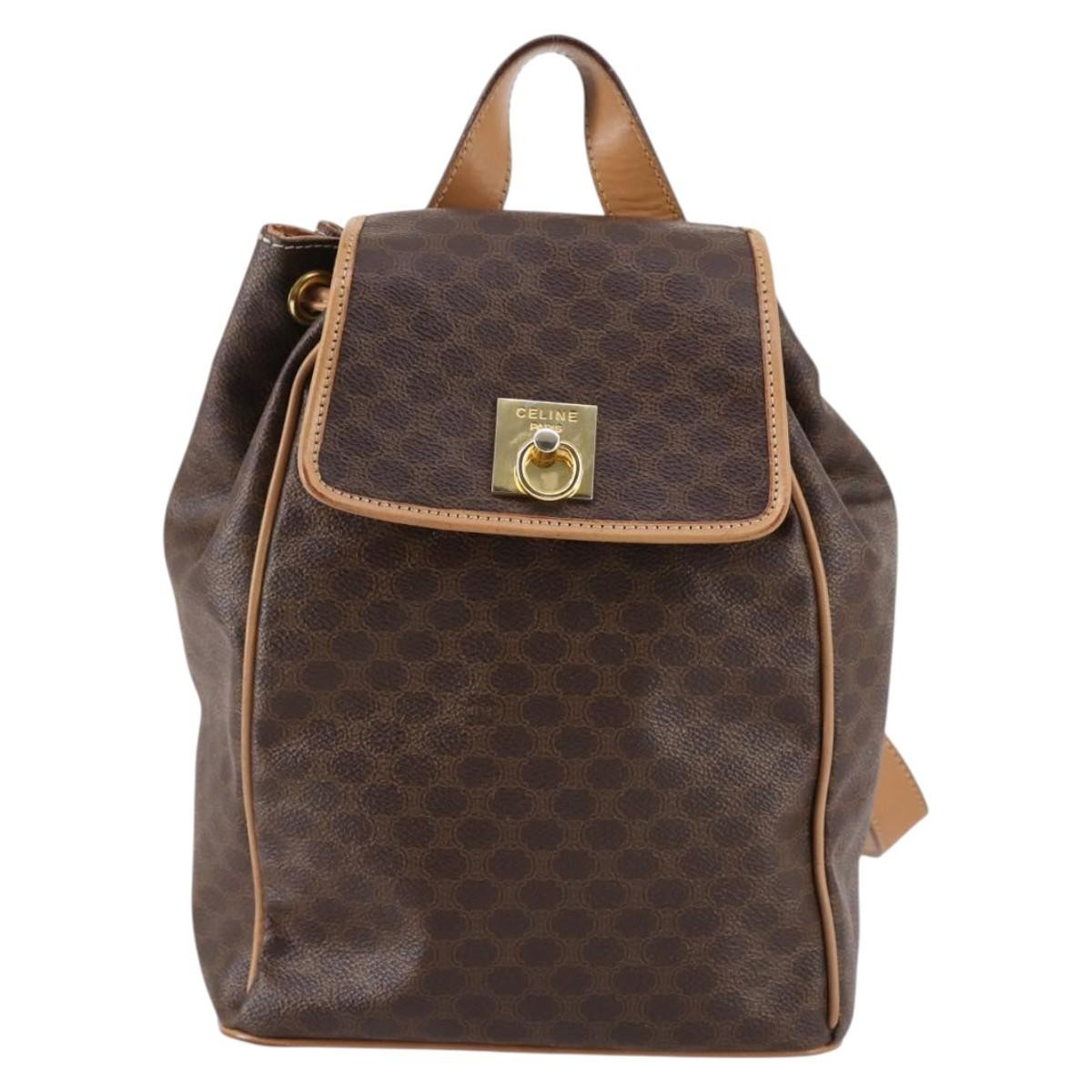 CELINE Macadam Canvas Backpack PVC Leather Brown Gold Auth ep10632